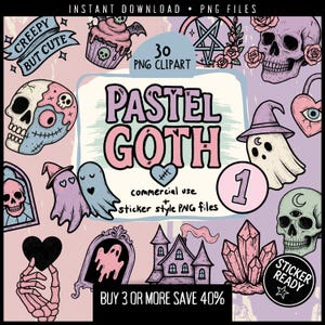 Creepy Cute Pastel Goth Clipart Bundle – Sticker-Ready PNGs with Ghosts, Skulls, Cats, Crystals, Bats, and Haunted Kawaii Aesthetic Graphics