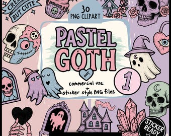 Creepy Cute Pastel Goth Clipart Bundle – Sticker-Ready PNGs with Ghosts, Skulls, Cats, Crystals, Bats, and Haunted Kawaii Aesthetic Graphics