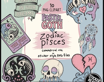 Pisces Clipart Bundle, Pastel Goth Zodiac PNG, Gothic Skeleton Fish, Creepy Cute Astrology Sticker PNGs, Tarot & Celestial Digital Downloads