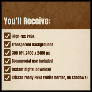 Puede incluir: Imagen de producto digital con fondo marr&oacute;n y beige. El texto dice "You'll Receive:" seguido de una lista de caracter&iacute;sticas, incluyendo PNG de alta resoluci&oacute;n, fondos transparentes, 300 DPI, 2400 x 2400 px, uso comercial y descarga instant&aacute;nea.