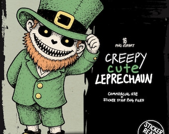 St Patricks Day PNG Clipart Bundle, 16 Creepy Cute Leprechaun Designs, Horror Shamrock Skull, Instant Digital Download