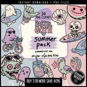 Kusligt gulligt pastellgotiskt sommarklipppaket – 30 klistermärkesklara PNG-bilder med strandspöken, kusliga snäckor och hemsökta kawaii-semestergrafik