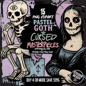 Pastel Goth Classical Art Clipart Bundle – 15 Creepy Cute Masterpiece Parody PNGs for Junk Journaling, Scrapbooking, Cursed Planner Stickers