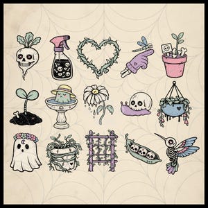 May include: A collection of whimsical, hand-drawn illustrations featuring a gardening theme with a spooky twist. Includes a skull-shaped radish, a spray bottle with skull and crossbones, and a heart-shaped vine.