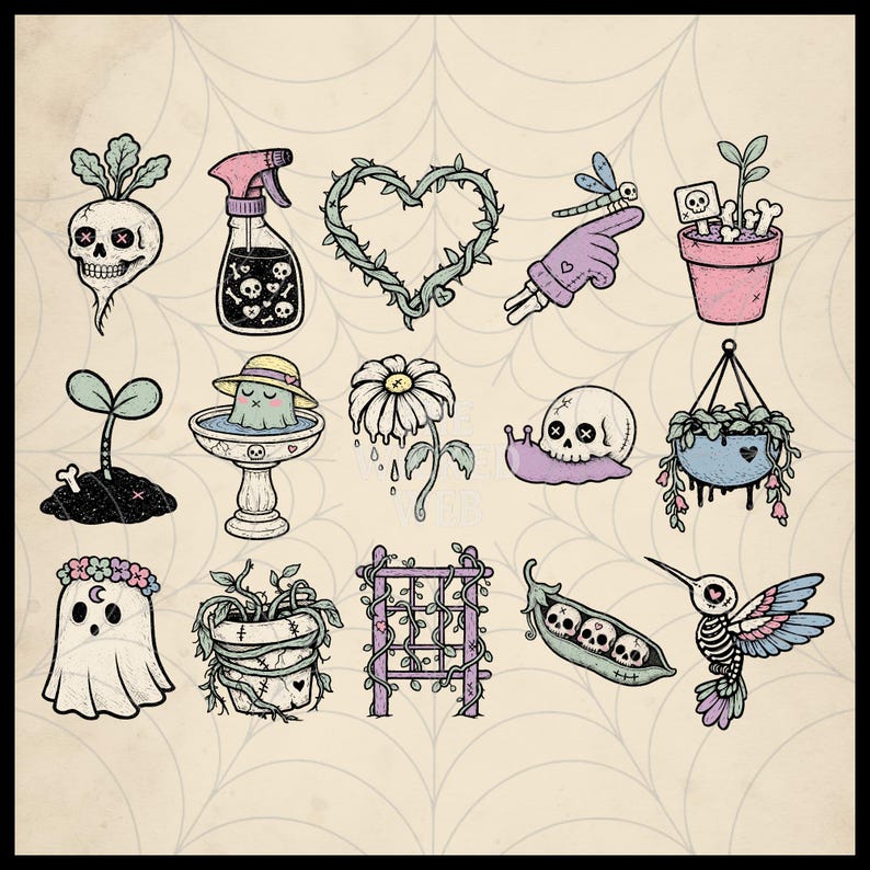 May include: A collection of whimsical, hand-drawn illustrations featuring a gardening theme with a spooky twist. Includes a skull-shaped radish, a spray bottle with skull and crossbones, and a heart-shaped vine.
