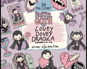Pastel Goth Vampire Romance Clipart Bundle, Creepy Cute Gothic Halloween PNGs & Digital Stickers