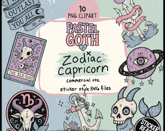 Capricorn Clipart Bundle, Pastel Goth Zodiac PNG, Gothic Sea Goat Astrology Digital Download for Cricut, Scrapbook, Junk Journal & Stickers
