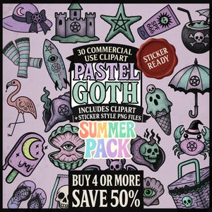 30 gruselige süße Strand Goth PNGs für Witchcore Stickers, Kawaii Horror Art, Gothic Scrapbooking & Sublimation