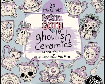 Pastel Goth Clipart Bundle, Creepy Cute Ceramics, Halloween PNGs, Gothic Tea Party, Sticker-Ready Art