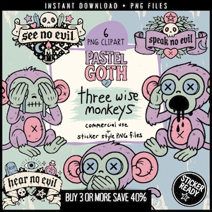 Creepy Cute Pastel Goth Clipart Bundle – Three Wise Monkeys (hear no evil, see no evil, speak no evil) Printable PNGs for Stickers & Crafts