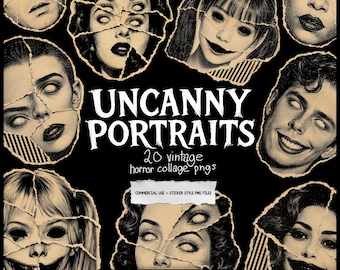 Creepy Portrait Clipart Bundle, Vintage Horror Collage PNGs, Uncanny Faces, Sticker-Ready Digital Download for Junk Journals & Cricut Crafts