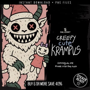 Puede incluir: Ilustración digital de una criatura parecida al Krampus con un gorro de Papá Noel, sosteniendo una muñeca. La imagen tiene un estilo vintage con el texto "Creepy Cute Krampus" y "Buy 6 or more save 40%."