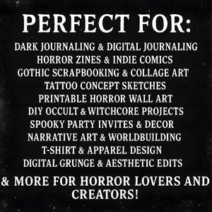 Puede incluir: Texto en blanco y negro sobre un fondo oscuro que enumera proyectos creativos. El texto dice "PERFECTO PARA:" seguido de una lista que incluye diario oscuro, fanzines de terror, scrapbooking g&oacute;tico, bocetos de tatuajes y m&aacute;s para amantes y creadores del terror.