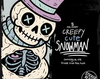 Creepy Cute Snowman PNG Clipart Bundle | Pastel Goth Digital Stickers | Gothic Winter Art, Merry Creepmas Sublimation Design, Commercial Use