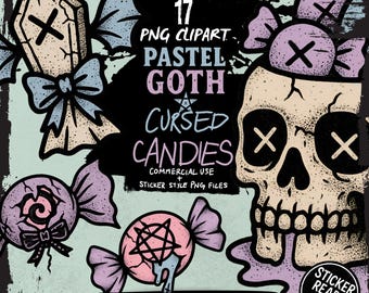 Pastell-Gothic-Süßigkeiten-Clipart-Bundle – 17 verfluchte Halloween-PNGs mit Sticker-Versionen, Kawaii-Horror-Grafiken für Planer, Bastelarbeiten und Journaling