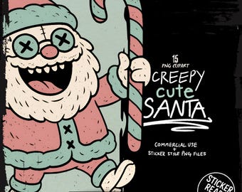 Creepy Cute Christmas Clipart Bundle | 15 Pastel Goth Horror PNG Stickers | Spooky Santa Skeleton Reindeer Gothic Holiday Sublimation Art