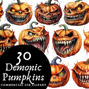 Demonic Pumpkin Clipart – 30 Horror Jack-o’-Lantern PNGs, Creepy Pumpkin Faces, Scary Monster Art, Halloween Stickers & Sublimation