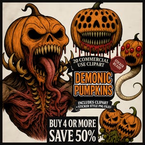 Scary Pumpkin Clipart PNG Bundle: Demonic Jack O&#39;Lanterns (Digital Download