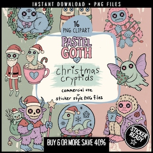 Puede incluir: Gráfico de arte digital con criptidos navideños pastel góticos. La imagen incluye varios personajes espeluznantes con temática navideña, como una figura de Papá Noel, un yeti y una criatura sosteniendo un árbol de Navidad. El texto incluye "16 PNG Clipart" y "Sticker Ready."