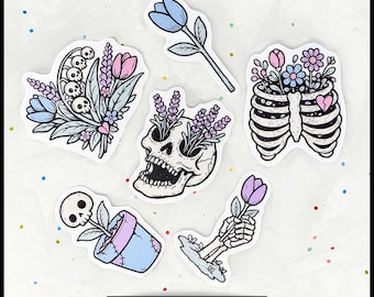 Pastel Goth Vinyl Sticker Pack, Gothic Floral Skull Decal, Witchy Botanical Stickers for Laptop Water Bottle Journal, Spooky Halloween Gift
