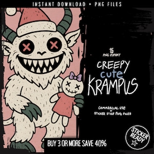 Krampus Clipart Bundle PNG – Creepy Cute Krampus Digital Sticker Pack | Gothic Christmas Horror Monster Art & Printable Clip Art Download