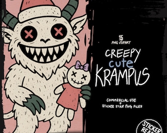Paquete de imágenes prediseñadas de Krampus en formato PNG: paquete de pegatinas digitales de Krampus adorables y espeluznantes / Arte de monstruos góticos navideños de terror e imágenes prediseñadas imprimibles para descargar.