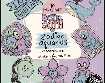 Aquarius Clipart Bundle, Pastel Goth Zodiac PNG, Spooky Water Bearer Astrology Art, Digital Download for Cricut, Scrapbook & Stickers