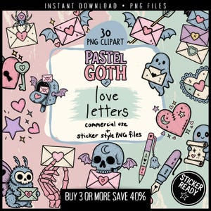 Haunted Valentine Letter Clipart | Pastel Goth Stationery Bundle | Creepy Cute Love Notes, Gothic Mail, Envelopes, Typewriter Sticker PNGs