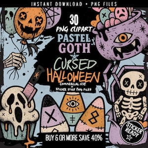 May include: Digital clipart set with a pastel goth Halloween theme. Includes illustrations like a skull cupcake, candy corn with eye symbols, and a cauldron with spooky faces. The text reads "30 PNG Clipart Pastel Goth Cursed Halloween".