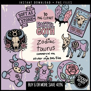 Pastel Goth Zodiac Clipart – Taurus PNG, creepy cute bull skull stickers, gothic astrology symbols, witchcore printable journaling download