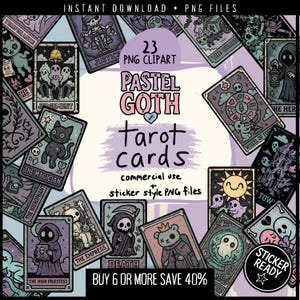 Pastel Goth Tarot Clipart Bundle – Major Arcana PNGs + Card Back | Creepy Cute Kawaii Printable Tarot Deck for Witchcore & Occult Journaling