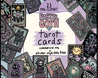 Pacchetto di clipart di tarocchi gotici pastello - Arcani maggiori PNG + retro della carta / Mazzo di tarocchi kawaii stampabile e inquietante per diari di Witchcore e Occult