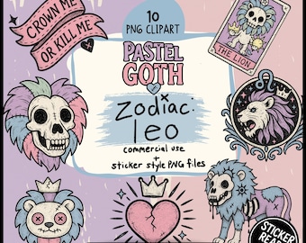 Pastel Goth Leo Zodiac Clipart Bundle, Creepy Cute Sticker PNGs, Horror Astrology Digital Stickers, Tarot-Inspired Lion Art
