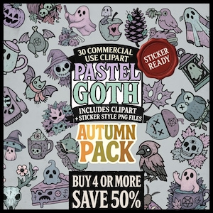 Clipart de otoño gótico pastel: 30 PNG espeluznantes y adorables, listos para usar como pegatinas para diarios, manualidades y Halloween / Ghostcore, estética otoñal oculta