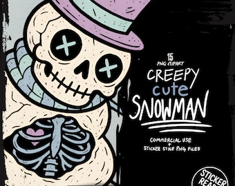Creepy Cute Snowman PNG Clipart Bundle | Pastel Goth Digital Stickers | Gothic Winter Art, Merry Creepmas Sublimation Design, Commercial Use