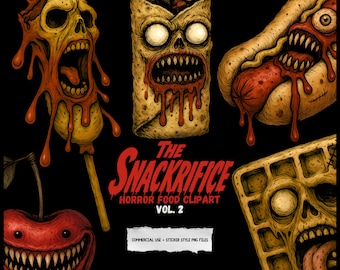 Horror Food Clipart Bundle - 15 verfluchte Snack Monster PNGs, gruselige Fast Food Kunst, druckbares Halloween Junk Food für Scrapbooks & Sublimationsdrucke