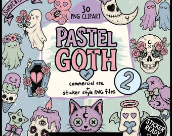 Creepy Cute Pastel Goth Clipart Bundle – Sticker-Ready PNGs with Ghosts, Skulls, Cats, Crystals, Bats, and Haunted Kawaii Aesthetic Graphics