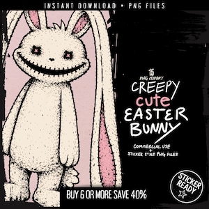 Paquete PNG de conejito de Pascua espeluznante: 15 PNG de Pascua espeluznantes y adorables, clipart de Pascua gótico, descarga digital de conejito y huevos góticos pastel, listo para calcomanías.