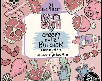 Pastel Goth Butcher Clipart Bundle - 21 Kawaii Horror Meat Shop PNGs - Creepy Cute Animal & Occult Kitchen Art