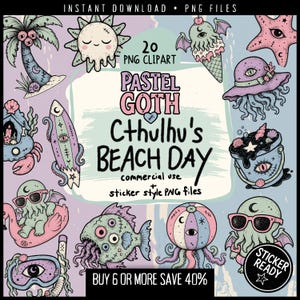 Eldritch Summer Beach Clipart-paket, 20 transparenta PNG-filer, Coastal Goth-klistermärkesklara filer, kuslig Cthulhu Summerween och havshäxkonst