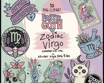 Pastel Goth Virgo Zodiac Sticker Bundle | 10 Spooky Cute Astrology Clipart PNGs | Halloween Pastel Astrology Art | Skull Moth Designs