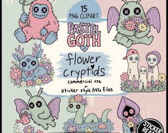 Pastel Goth Spring Floral Cryptid Clipart – Creepy Cute Mothman, Aliens, Nessie, Bigfoot, Jackalope & Flatwoods Monster Digital PNG Files