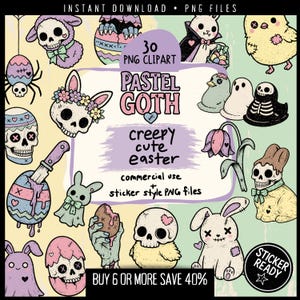 Puede incluir: Gráficos digitales con temática de Pascua gótica pastel. Incluye calaveras, conejos y huevos. El texto dice "PASTEL GOTH creepy cute easter" y "BUY 6 OR MORE SAVE 40%" con "DESCARGA INSTANTÁNEA" y "ARCHIVOS PNG".