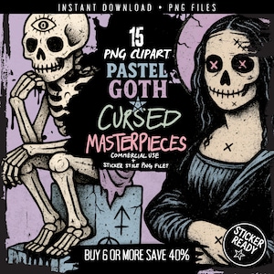 May include: Digital download graphic featuring a skeleton and a skull-faced figure, with the text "15 PNG Clipart Pastel Goth Cursed Masterpieces." The image has a purple and black color scheme, with the words "Sticker Ready" in a white circle.