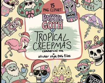 Pastel Goth Creepmas Clipart Bundle: Tropical Horror PNGs and Summer Christmas in July Sticker Ready Files