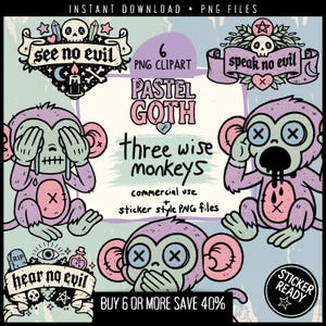 Creepy Cute Pastel Goth Clipart Bundle – Three Wise Monkeys (hear no evil, see no evil, speak no evil) Printable PNGs for Stickers & Crafts