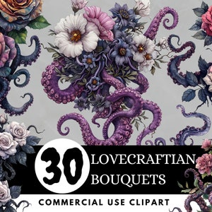 Eldritch Blooms: 30 PNG transparentes de flores lovecraftianas para San Valentín, ramos elegantes y espeluznantes para tarjetas únicas, aptos para uso comercial.