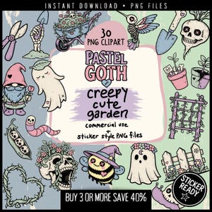 Pastel Goth Garden Clipart Bundle | 30 Halloween PNG Stickers | Gothic Cottagecore Skull Plants & Ghosts | Witchy Botanical Printable PNG image 1