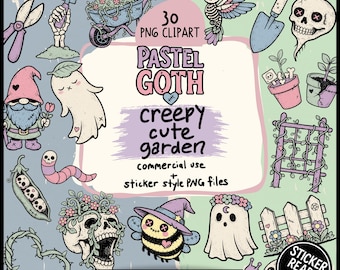 Pastel Goth Garden Clipart Bundle | 30 Halloween PNG Stickers | Gothic Cottagecore Skull Plants & Ghosts | Witchy Botanical Printable PNG