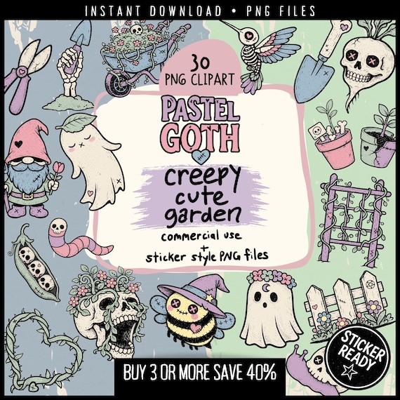Pastel Goth Garden Clipart Bundle | 30 Halloween PNG Stickers | Gothic Cottagecore Skull Plants & Ghosts | Witchy Botanical Printable PNG